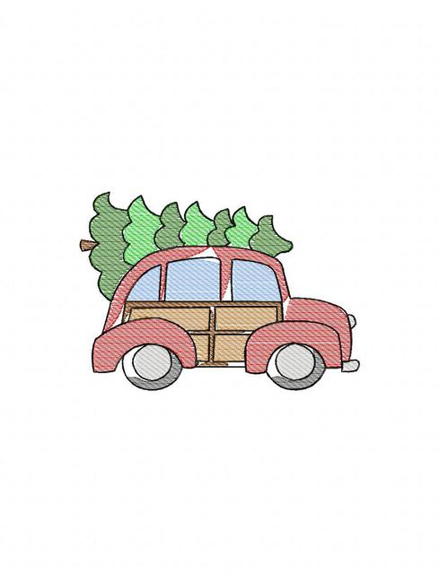 489x640 Retro Car With Christmas Tree Sketch Embroidery Design - Retro Car Sketch