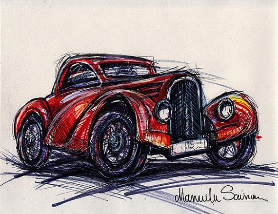 570x439 Classic Car Sketch Old Bugatti Wall Art Old Car Drawing Etsy - Retro Car Sketch