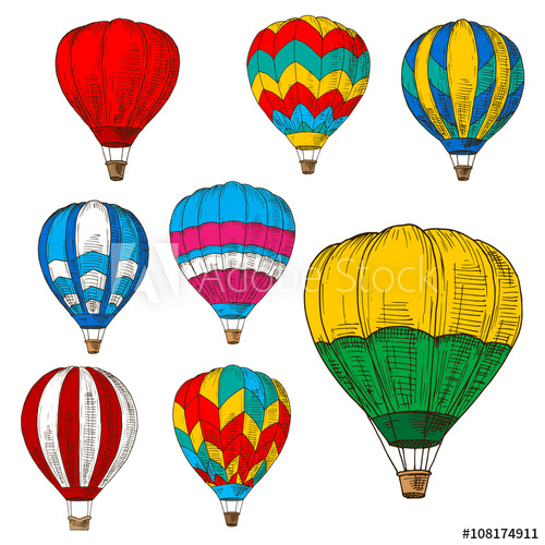 500x500 Hot Air Balloons In Flight Colored Retro Sketches - Retro Sketches