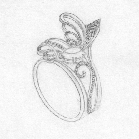 472x472 White Gold Diamond Butterfly Ring Wolf Brothers - Ring Sketch