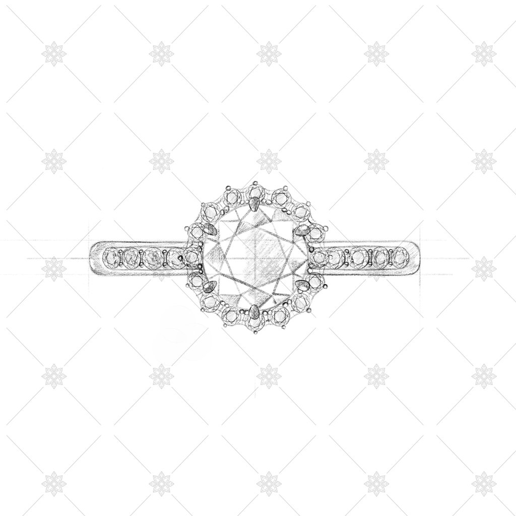 1024x1024 Diamond Halo Ring Sketch With Set Shoulders - Ring Sketch