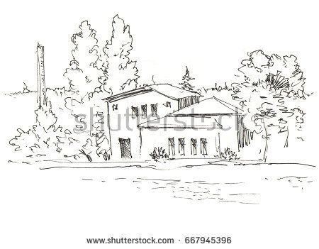 450x351 House On River. Nature Landscape. Cottage On River Bank In Forest - River Bank Sketch