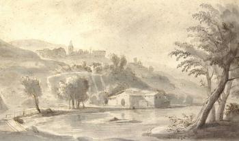 350x206 Italian Village On A Hill Seen From River Bank. Sketch Of - River Bank Sketch