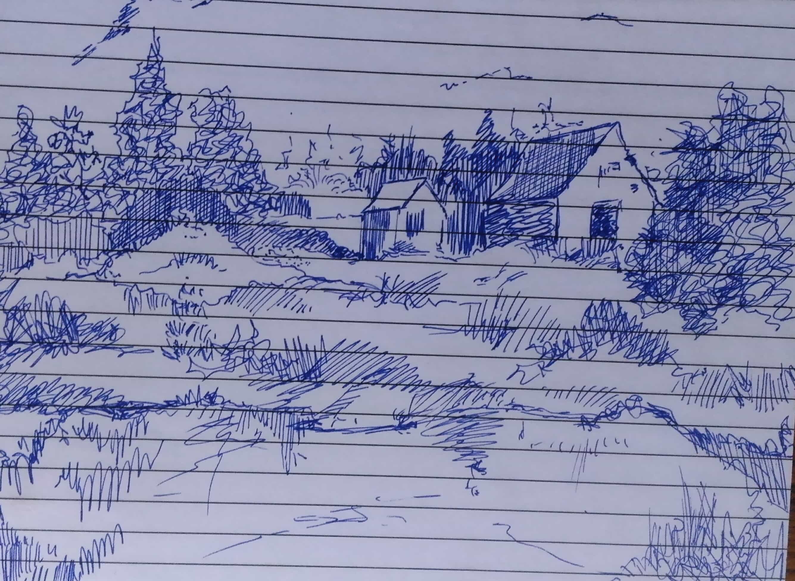 2670x1951 Pen Drawing Of River Bank And Huts Done Using Pilot Pen Sketches - River Bank Sketch