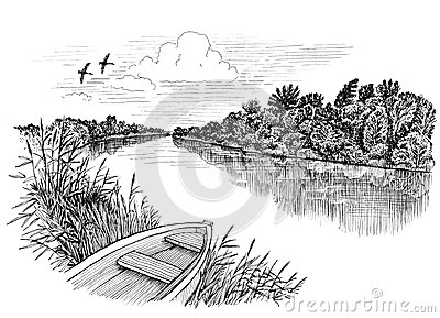 400x289 River Bank Clipart Black And White Image - River Bank Sketch