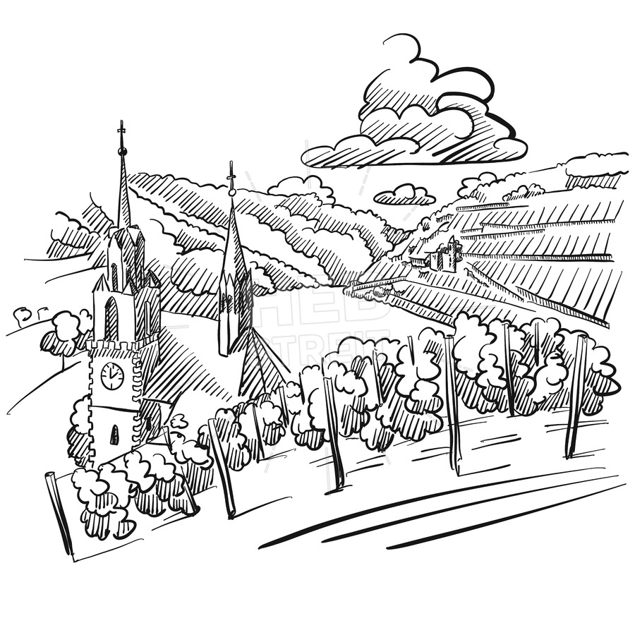 900x900 German Vineyard Sketch With Church, River And Hills Hebstreits - River Sketch