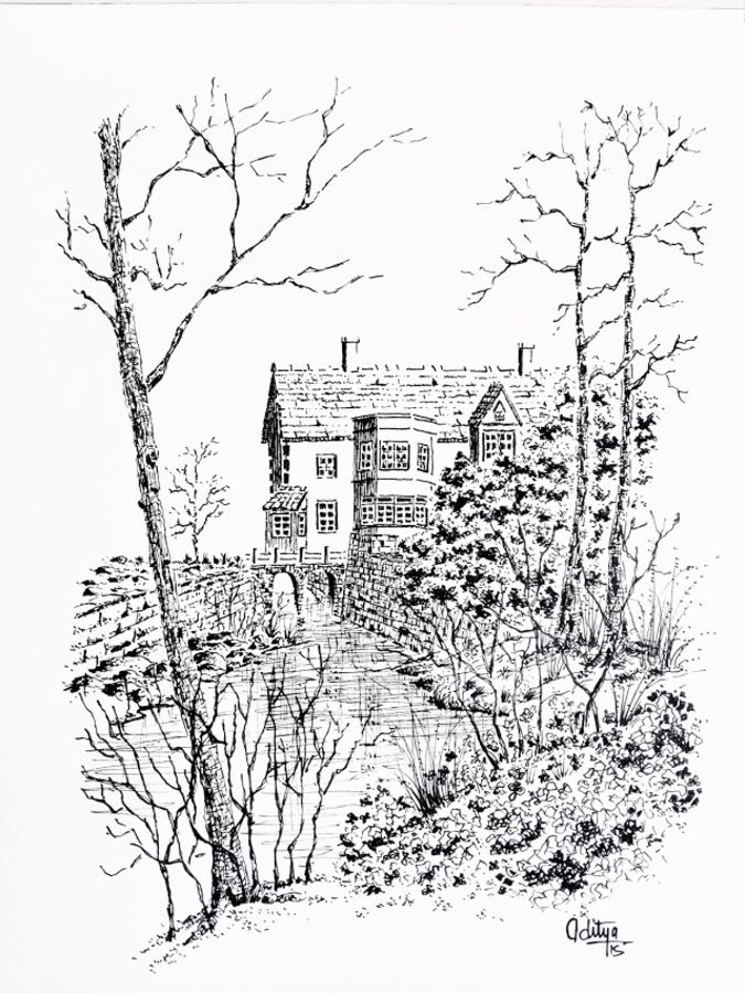 675x900 Ink Sketch House Sketch House By The Water River House Painting By - River Sketch