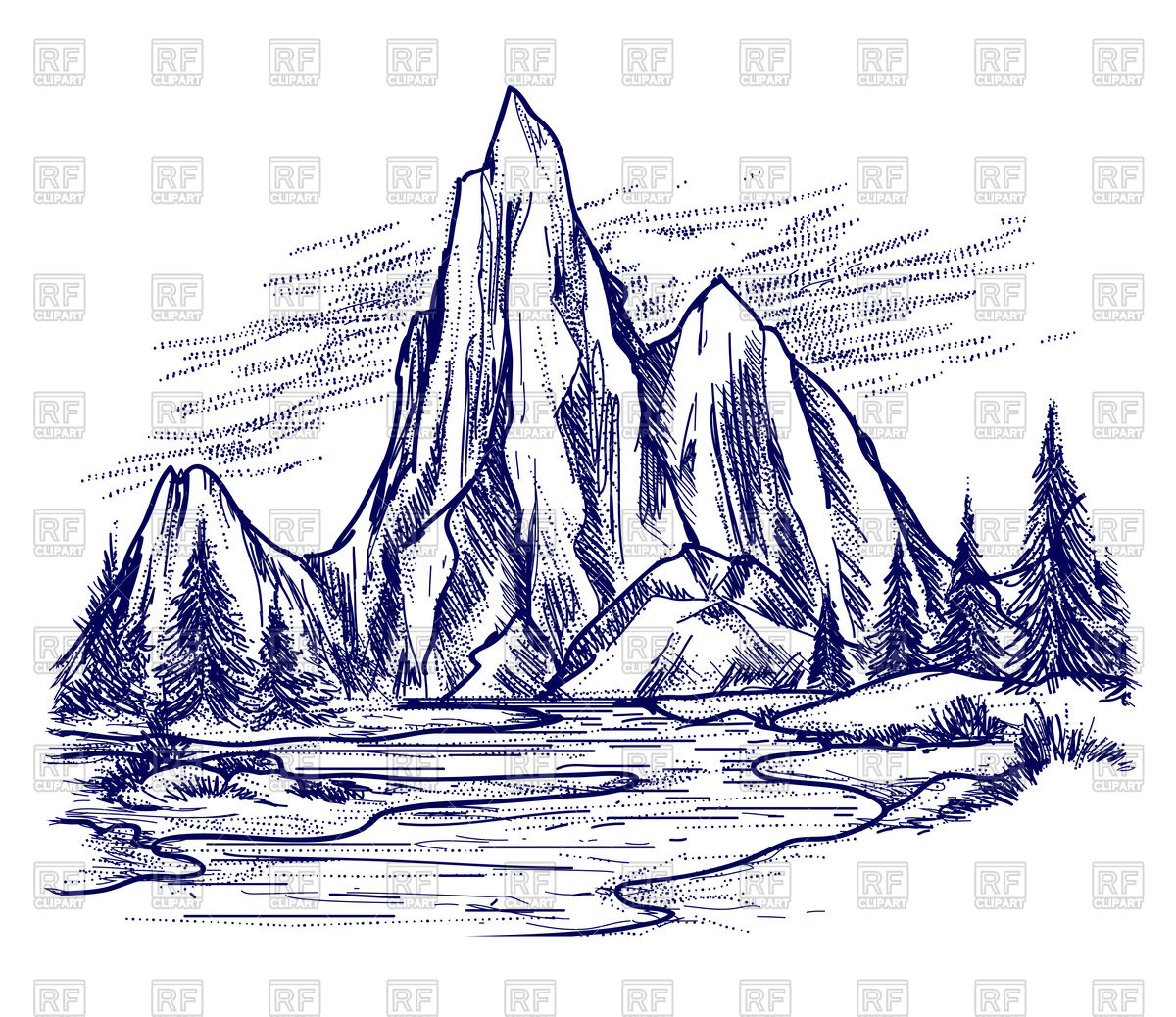 1200x1038 Landscape Sketch Of River, Mountain And Forest Vector Image - River Sketch