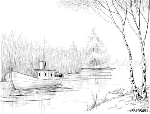500x378 Nature Sketch, Boat On River Or Delta Stock Image And Royalty - River Sketch