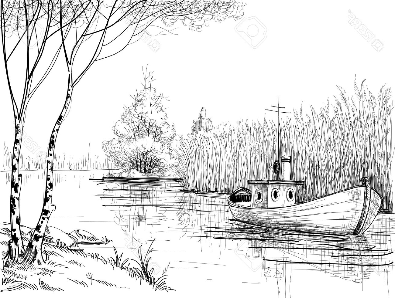 1300x982 Sketch Images Of Nature Nature Sketch, Boat On River Or Delta - River Sketch