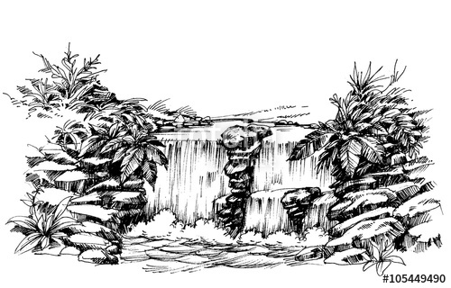500x320 Waterfall Drawing, Flowing River Sketch Stock Image And Royalty - River Sketch