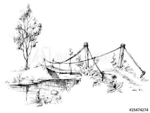 500x376 Landscape With Suspended Bridge Over River Sketch - River Sketch Images