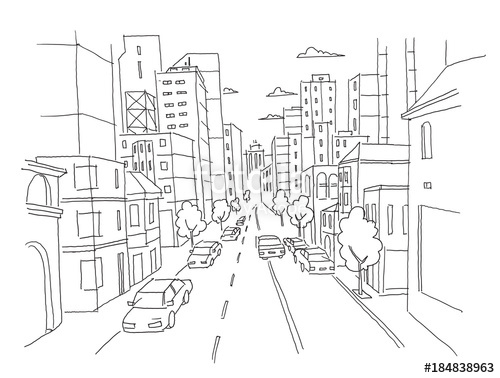 500x378 City Street Linear Perspective Sketch Road View. Cars End - Road Sketch