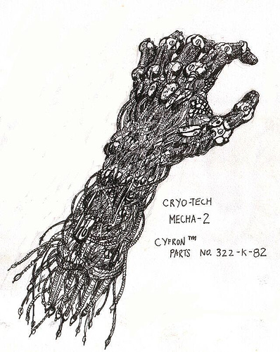 398x500 Cybernetic Hand (Original, 1990) My Right Brain - Robot Hand Sketch