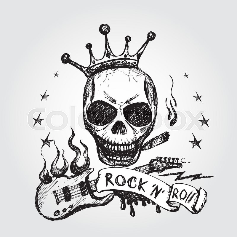 800x800 Rock And Roll Skull Guitar . Hand Drawing. Vector. Stock Vector - Rock N Roll Sketch