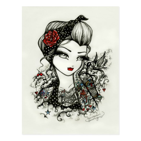 540x540 Rockabilly Tattoo Girl Sketch Rose Art Postcard - Rockabilly Sketch