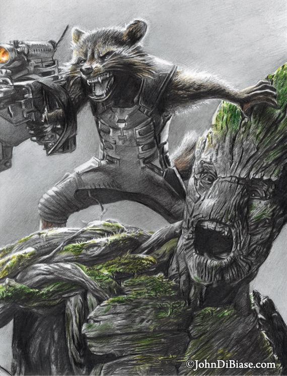 570x745 Drawing Print Of Rocket Raccoon And Groot In Guardians Of The Etsy - Rocket Raccoon Sketch