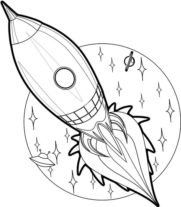 600x687 Rocket Ship Entering Space Coloring Page - Rocket Ship Sketch