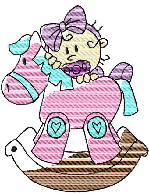 489x640 Baby Girl And Rocking Horse Sketch Embroidery Design Jazzy Zebra - Rocking Horse Sketch