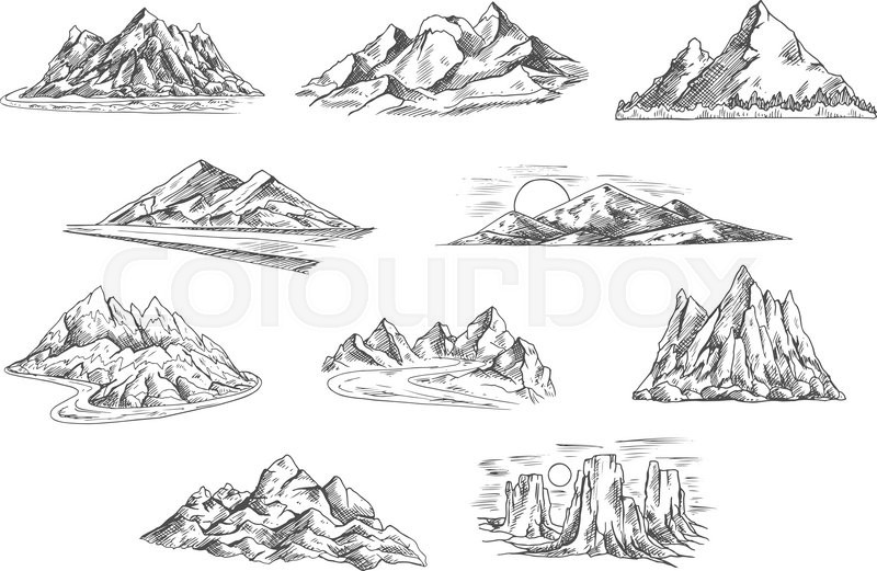 800x521 Sketched Mountain Landscapes Icons For Hiking Tourism, Adventure - Rocky Mountain Sketch