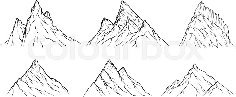 800x331 Hand Drawn Graphic Mountains Set. Different Types Of High And - Rocky Sketch