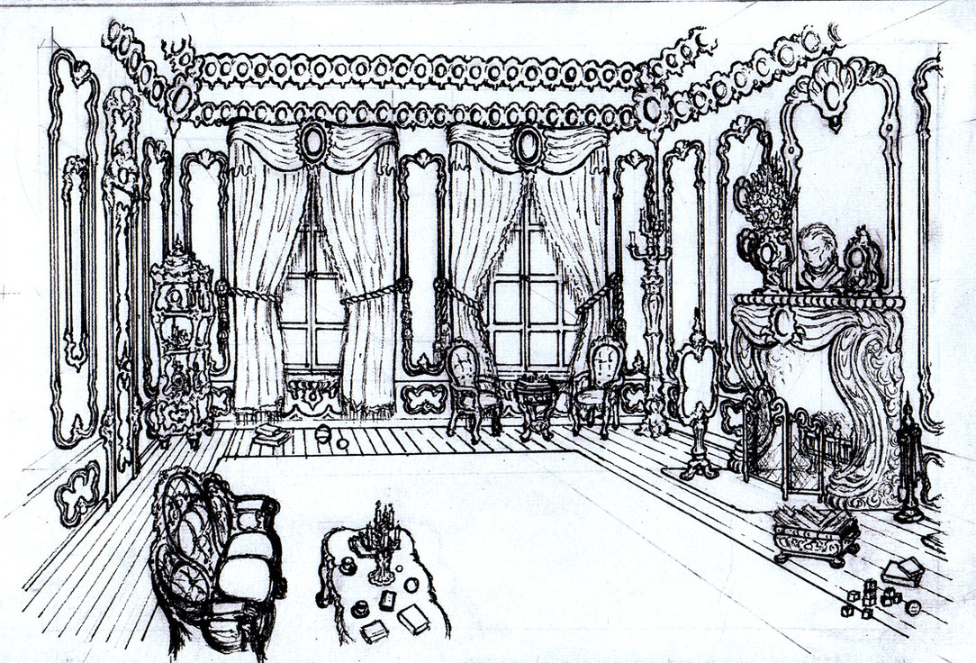 1084x736 Rococo Room Drawing By Benjamin The Fox - Rococo Sketch