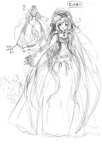 414x586 Sketch Of Angel Princess With Long Hair, Rococo Dress, Amp Feather - Rococo Sketch