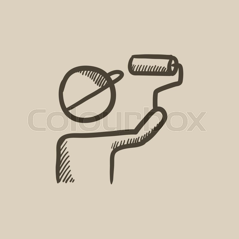 800x800 Man Painting With Roller Vector Sketch Icon Isolated On Background - Roller Sketch