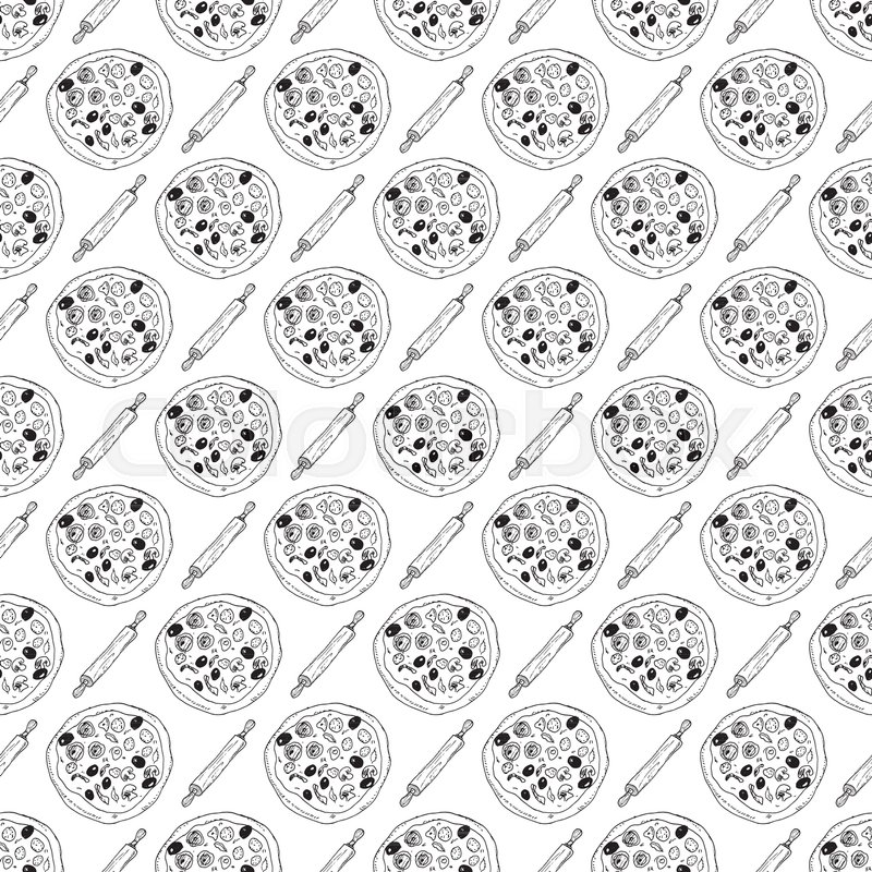 800x800 Pizza Seamless Pattern Hand Drawn Sketch. Pizza Doodles And - Rolling Pin Sketch