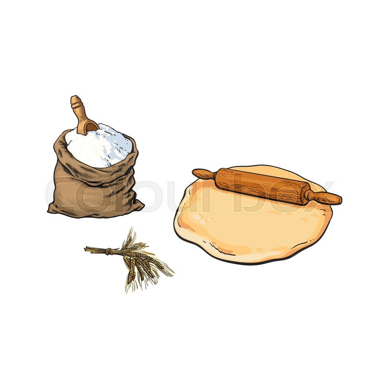 800x800 Wooden Rolling Pin, Dough And Full Burlap Sack Of Flour, Sketch - Rolling Pin Sketch