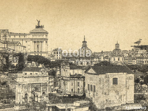 500x375 Grunge Background With Paper Texture And Landmarks Of Italy - Roman Forum Sketch