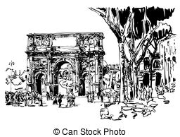 256x194 Rome Roman Forum Sketch Famous Landmark, Hand Drawn Vector Outline - Roman Forum Sketch