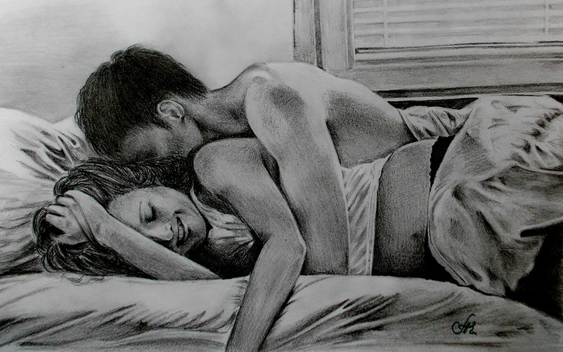 1920x1200 Pencil Sketch Boy Kiss Girl In Bed Romantic Hd Pic Kiss Amp Hug -...