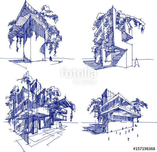 500x484 Four Hand Drawn Sketches Of Abstract Modern Building With Lots Of - Roof Sketch