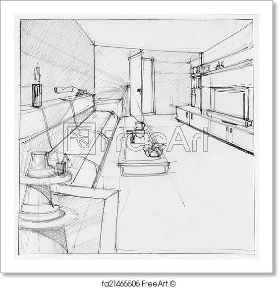 561x581 Free Art Print Of Drawing Of Interior Living Room. Graphic Sketch - Room Sketch Free