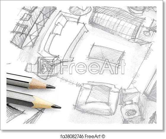 560x470 Free Art Print Of Top View Freehand Sketch Of Living Room With - Room Sketch Free