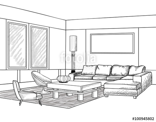 500x390 Interior Outline Sketch. Furniture Blueprint. Living Room Stock - Room Sketch Free