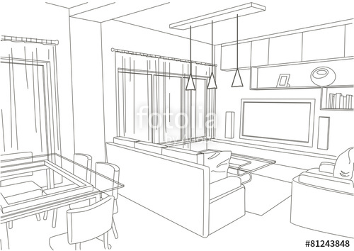 500x354 Linear Architectural Sketch Living Room Studio Stock Image And - Room Sketch Free