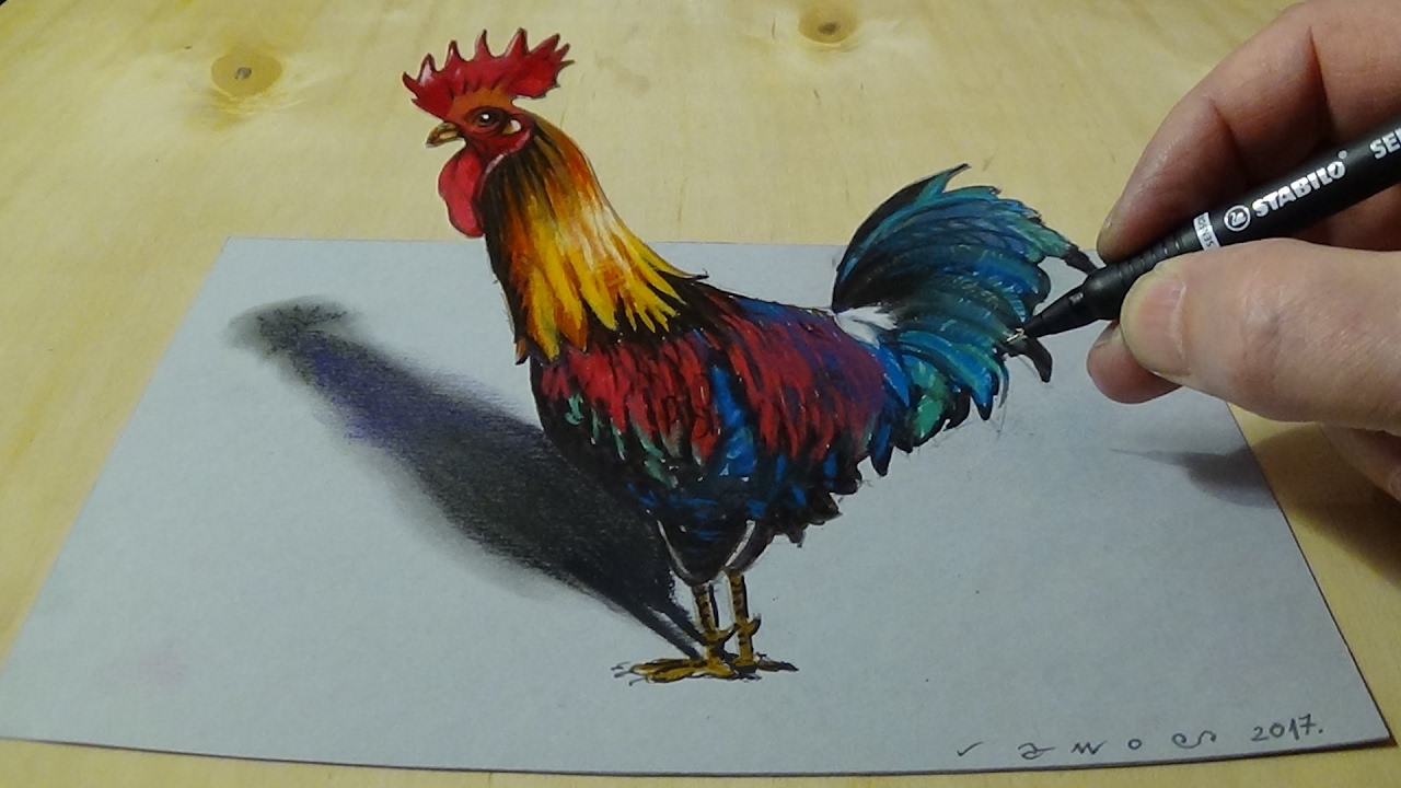 1280x720 Drawing Anamorphic Rooster For Kids Amp Adults - Rooster Sketch