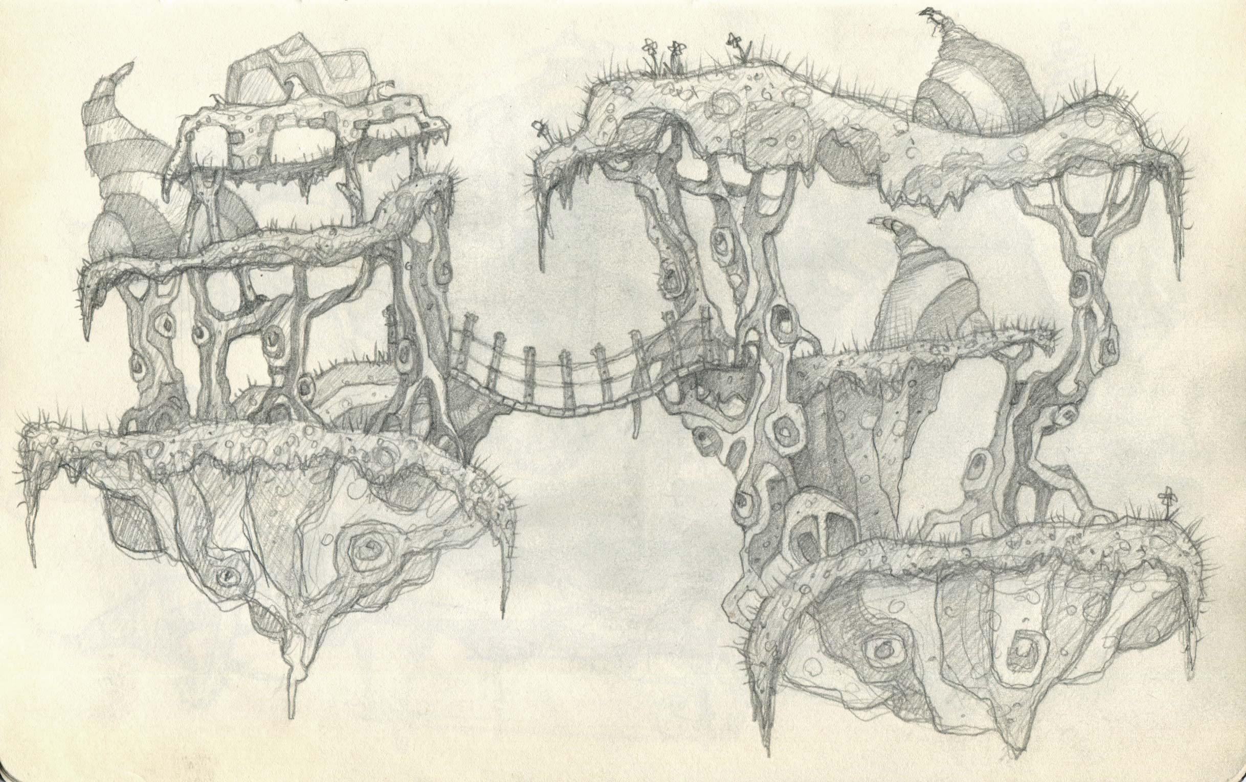 2436x1529 Stripy Trees Holding Rope Bridges And Grassy Rock Platforms - Rope Bridge Sketch
