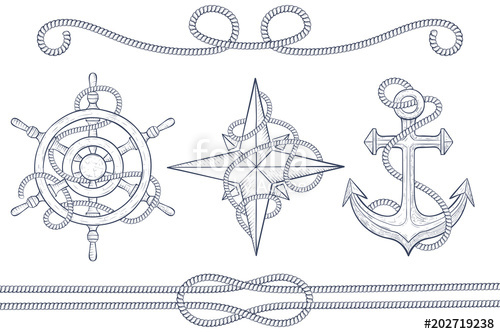 500x334 Nautical Design Elements. Steering Wheel, Windrose, Anchor With - Rope Sketch