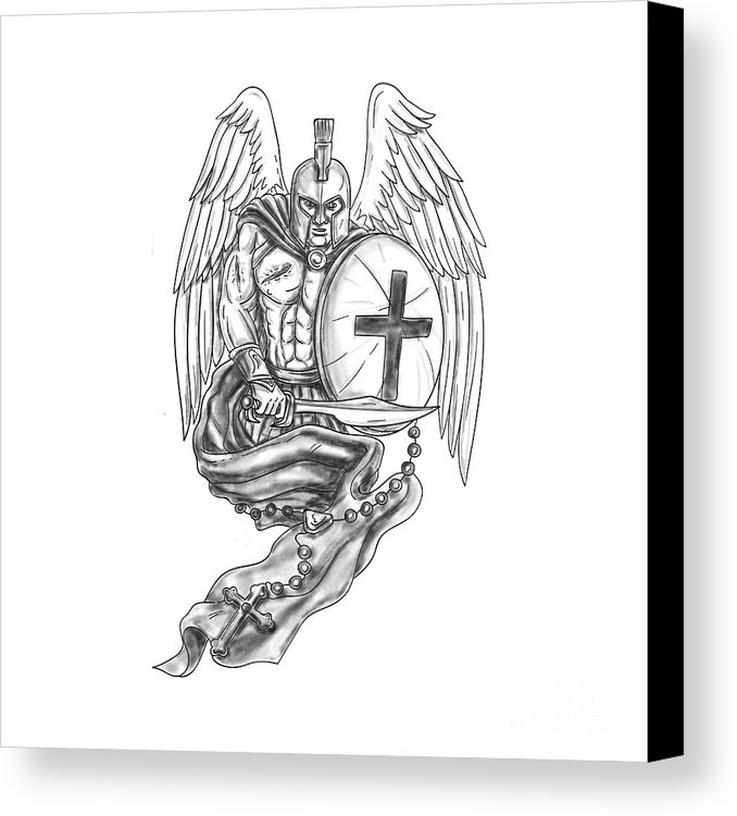 678x750 Spartan Warrior Angel Shield Rosary Tattoo Canvas Print Canvas - Rosary Tattoo Sketches