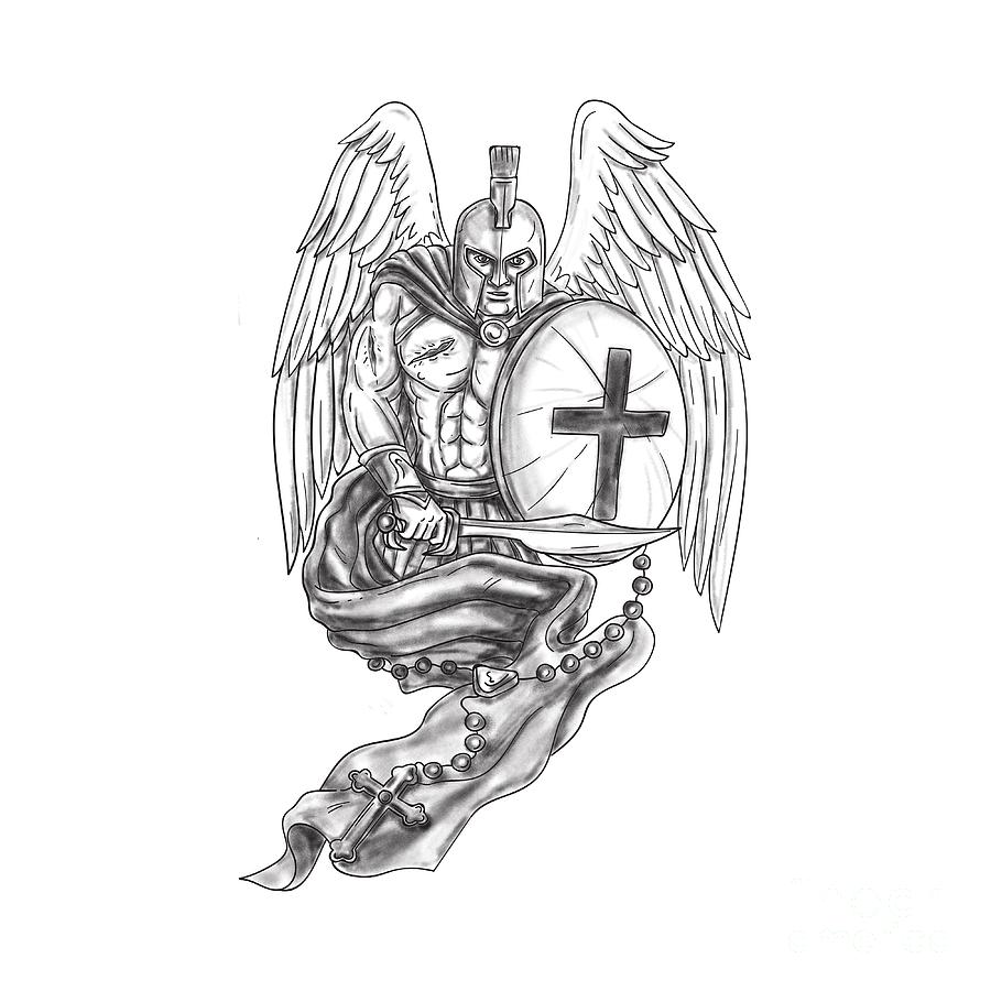 900x900 Spartan Warrior Angel Shield Rosary Tattoo Digital Art By Aloysius - Rosary Tattoo Sketches