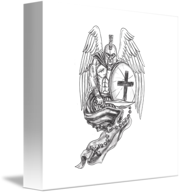 606x650 Spartan Warrior Angel Shield Rosary Tattoo By Aloysius Patrimonio - Rosary Tattoo Sketches