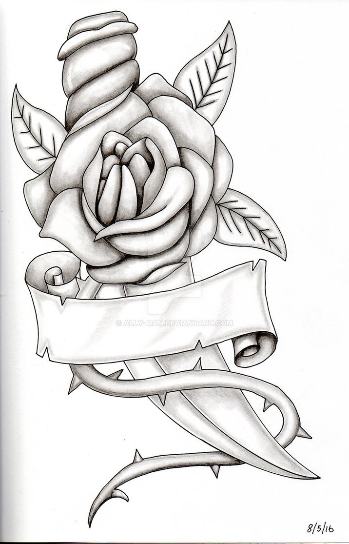 716x1115 Rose And Dagger Knife Blade Pencil Pen Sketch 001 By Ally Man On - Rose Sketch Pen