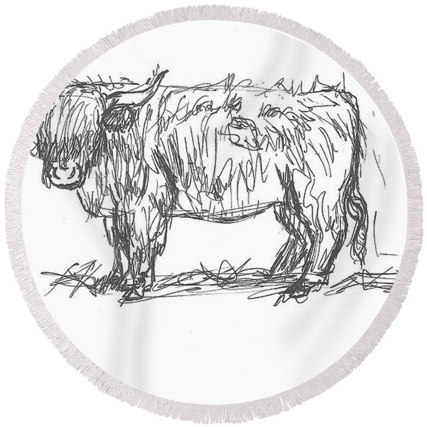850x850 Highland Cow Field Sketch Round Beach Towel For Sale By Dawn - Round Sketch