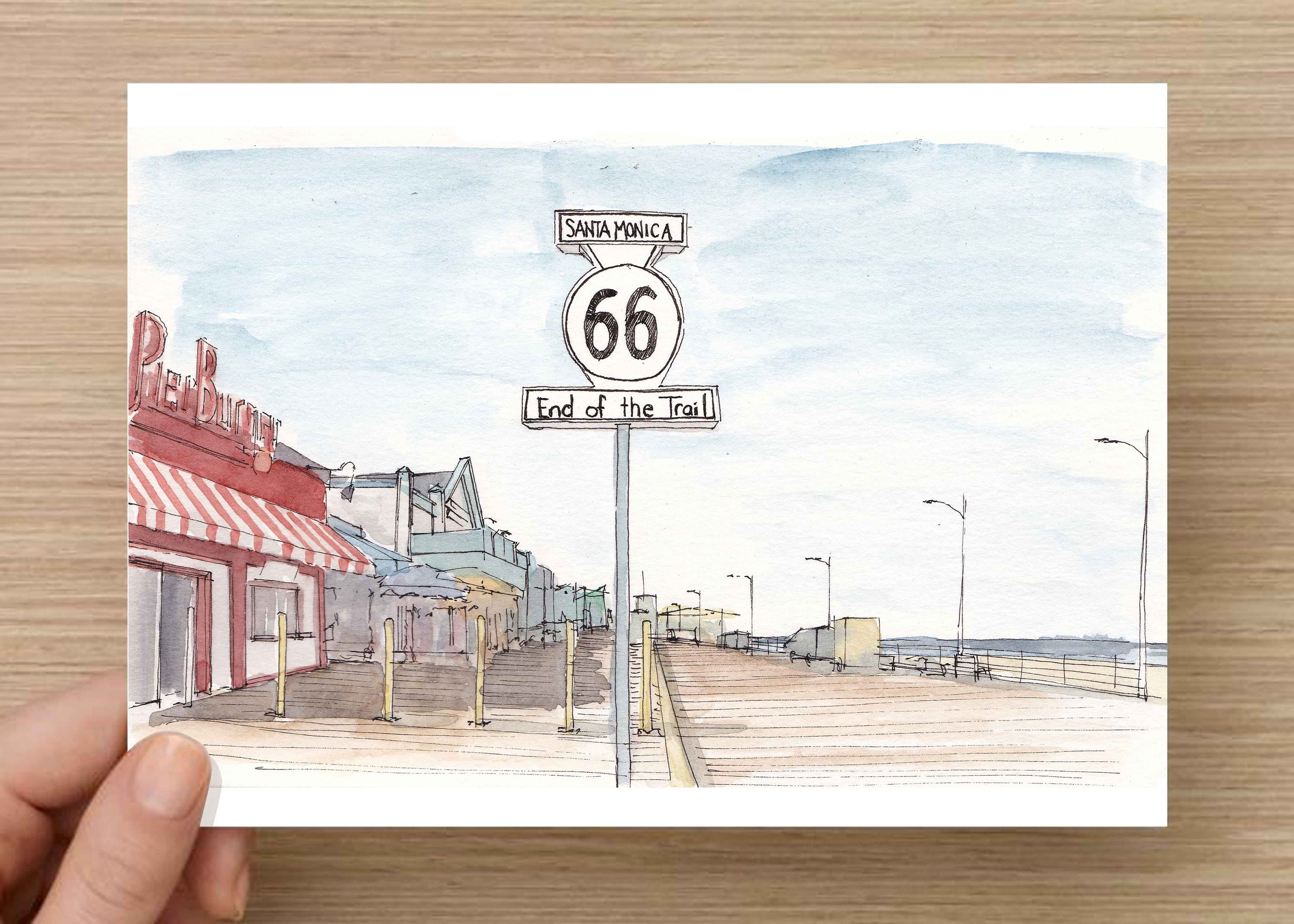3000x2143 Ink And Watercolor Drawing Of The Route 66 Sign On Santa Monica - Route 66 Sketch