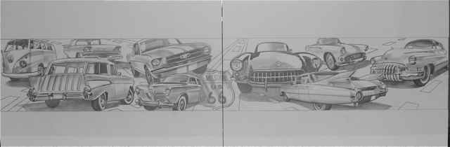 640x210 Sketch Of Classic Car Mural Cuba Mo - Route 66 Sketch