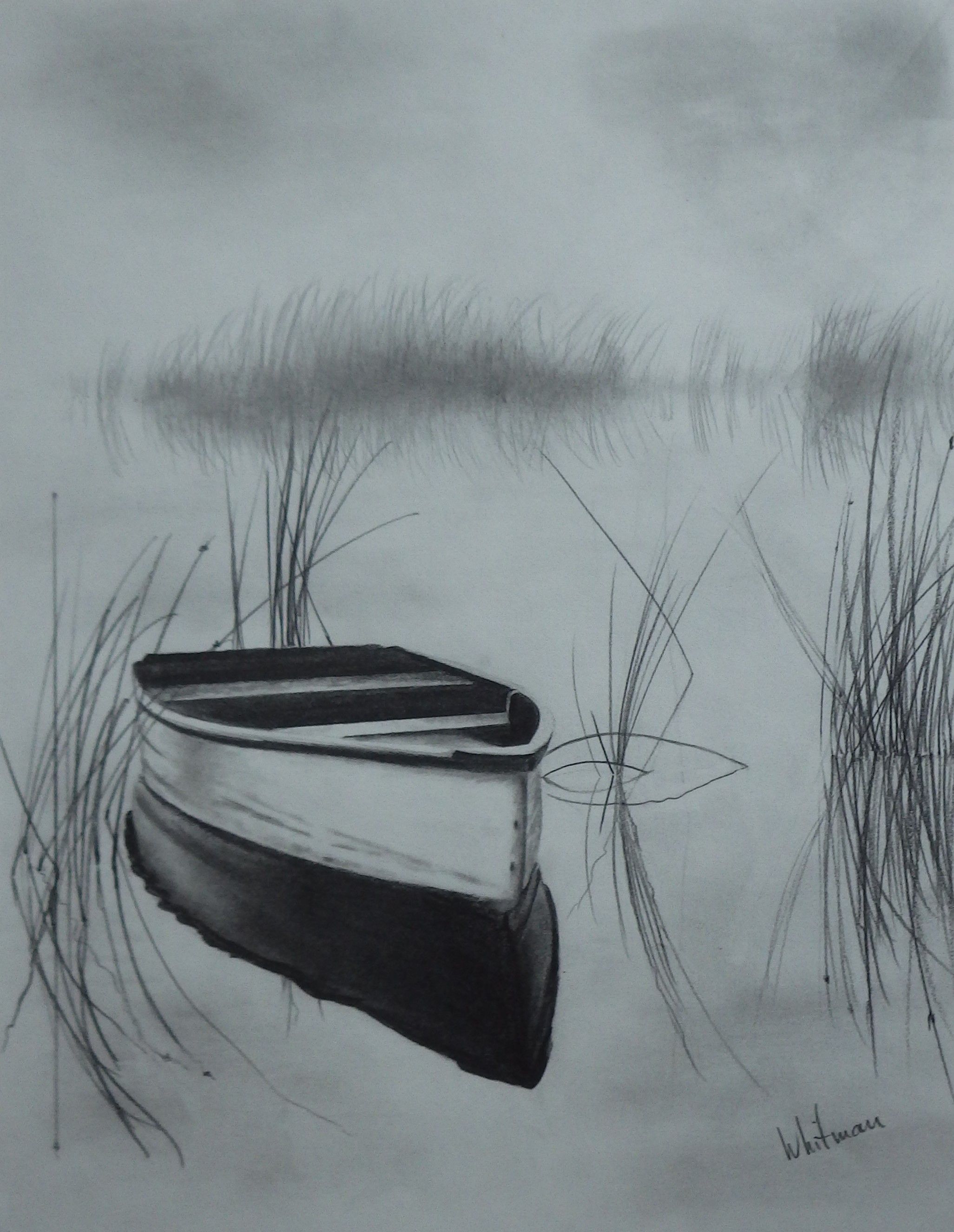 2053x2650 Misty Row Boat On The Lake, Reflections, Sketch. Original Art - Row Boat Sketch