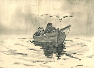 300x219 C1930 Original Pencil Drawing Wooden Row Boat Dory With Lobster - Row Boat Sketch